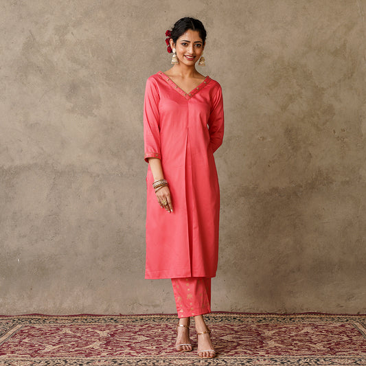 Front Pleat Solid Coral Kurta with Hand Embroidery and Gold Printed Details