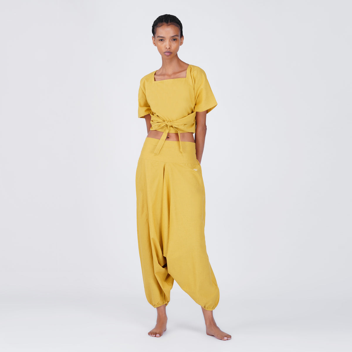 Women Zero Waste Cotton Yoga Pants and Yoga Top Set Yellow -Shwet — view 1