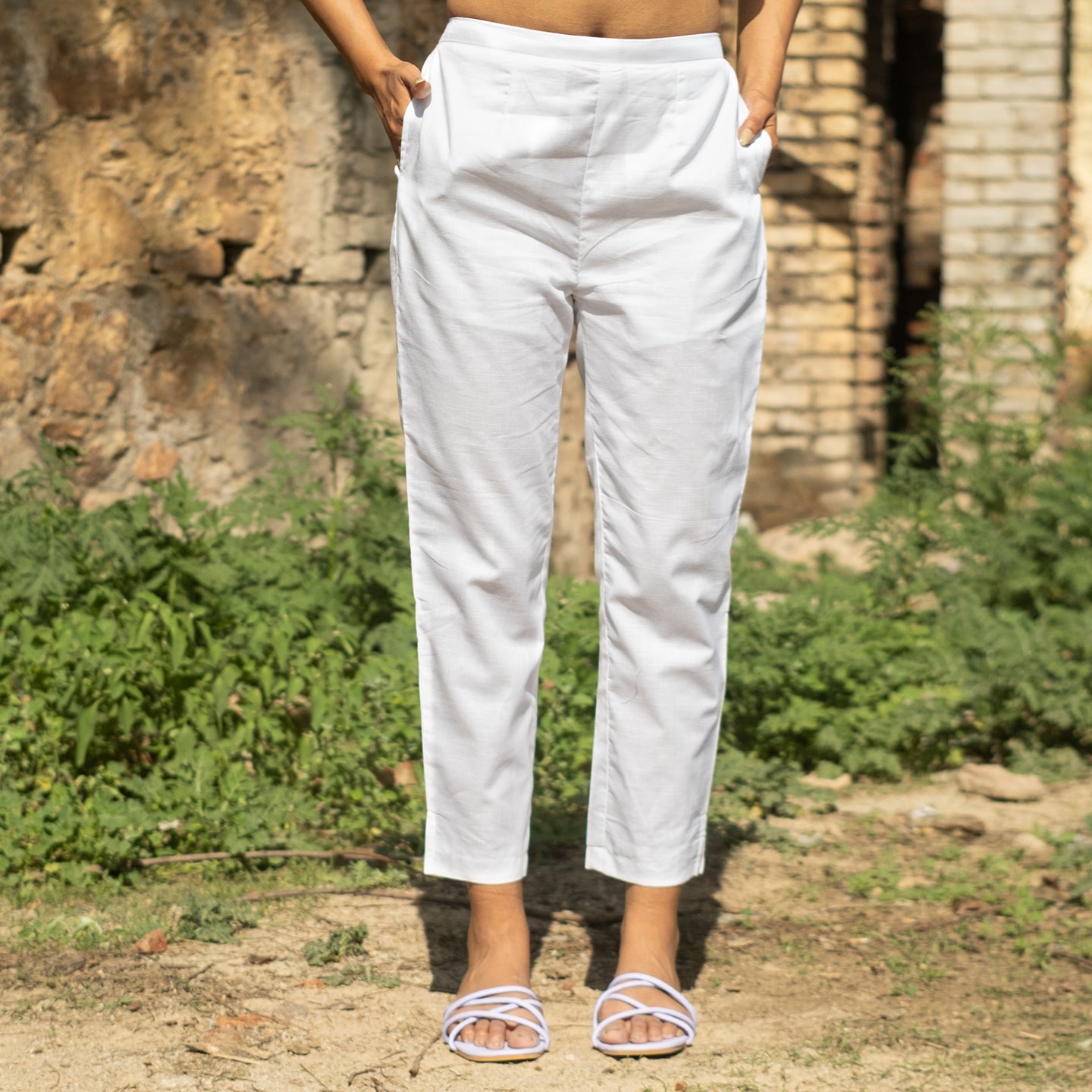 Solid white cotton straight pants