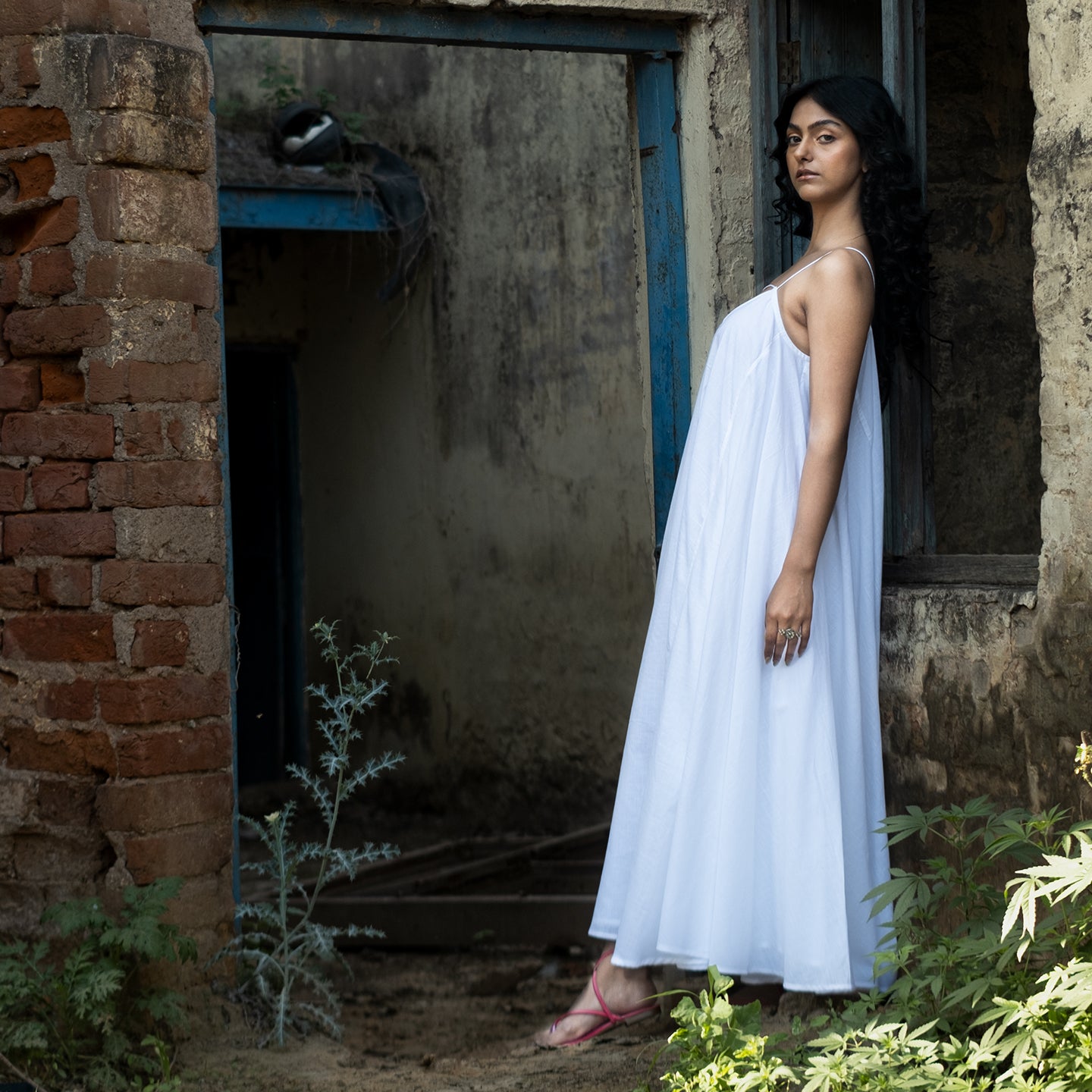 White Long flowy cotton dress with spaghetti straps