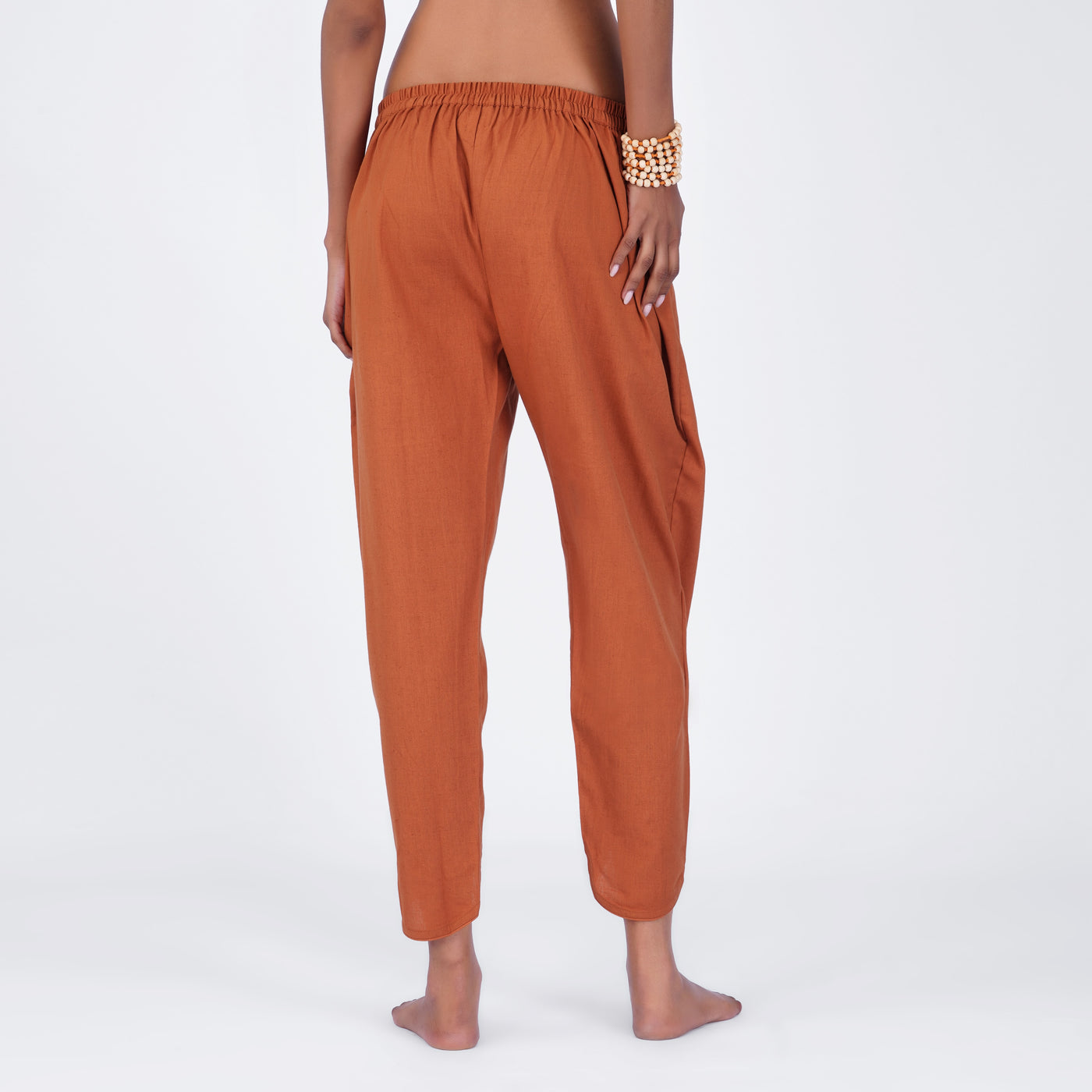 Surya Yoga Pants 100% Cotton Dhoti Pants Mid Waist Elasticised Back Tapered Fit with Buttons to Cinch at The Calf - Sienna — view 2