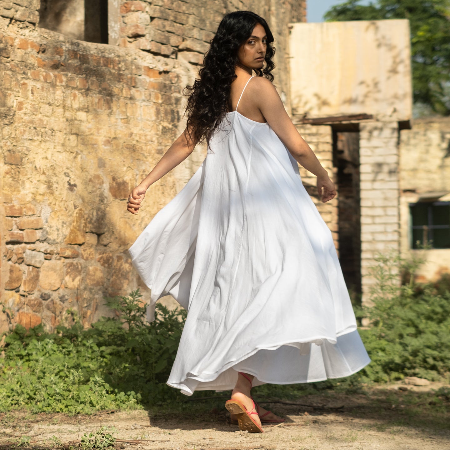 White Long flowy cotton dress with spaghetti straps