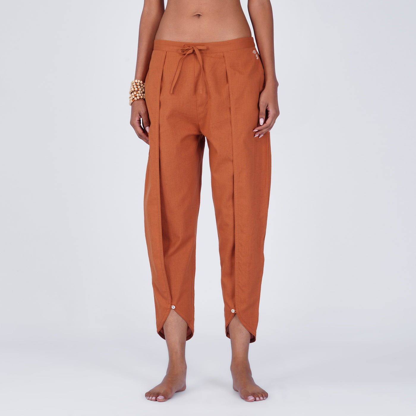 Surya Yoga Pants 100% Cotton Dhoti Pants Mid Waist Elasticised Back Tapered Fit with Buttons to Cinch at The Calf - Sienna — view 1