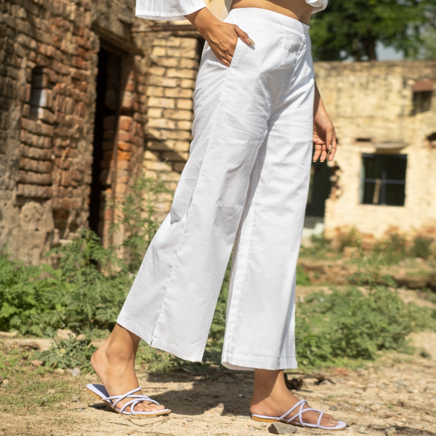 White solid white cotton palazzo pants