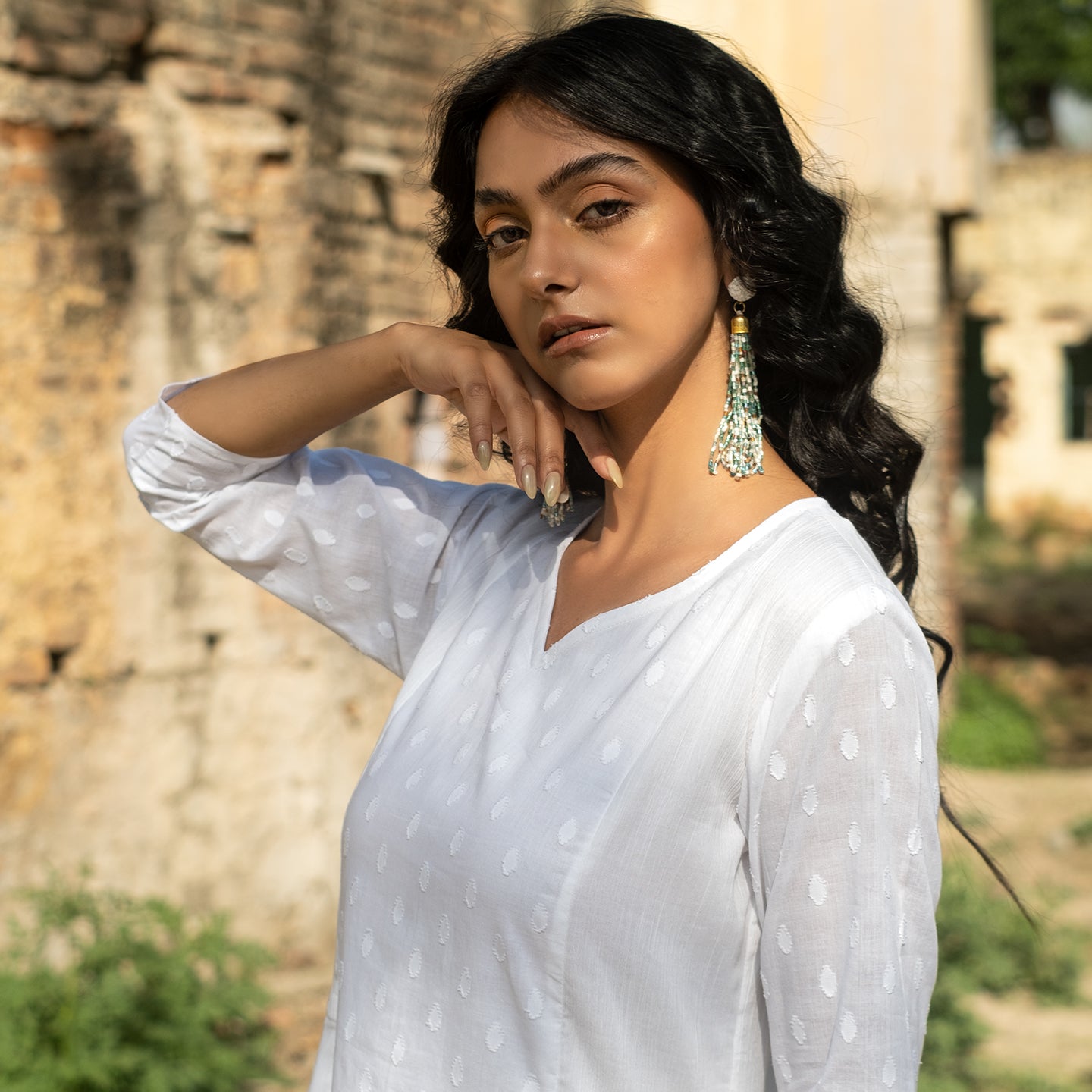 White Panelled Self Detail Kurta