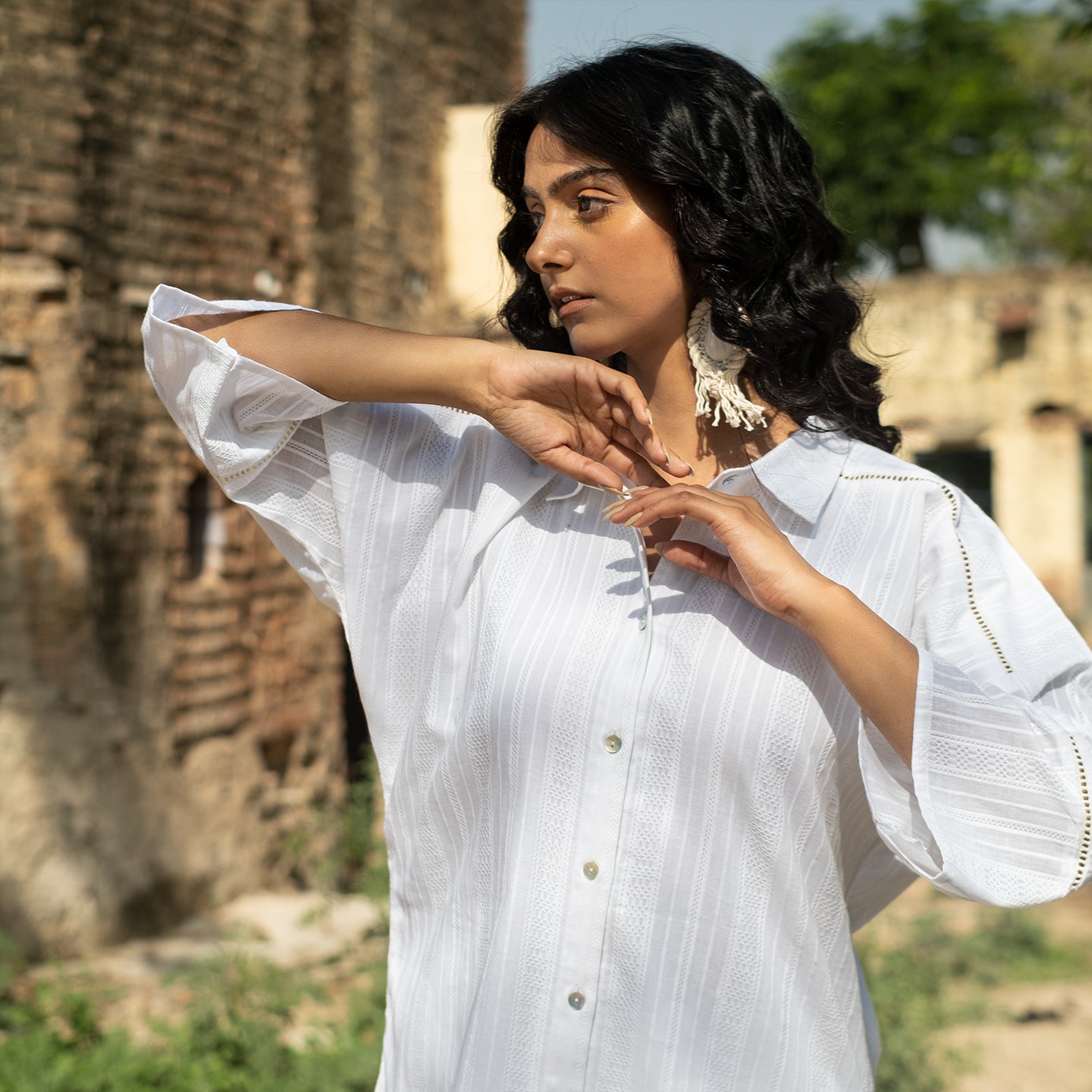 White oversized button down shirt style kurta with straight pants co-ord set (set of 2)