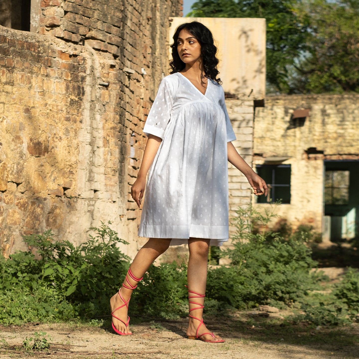 White short A-line dress with front gathers