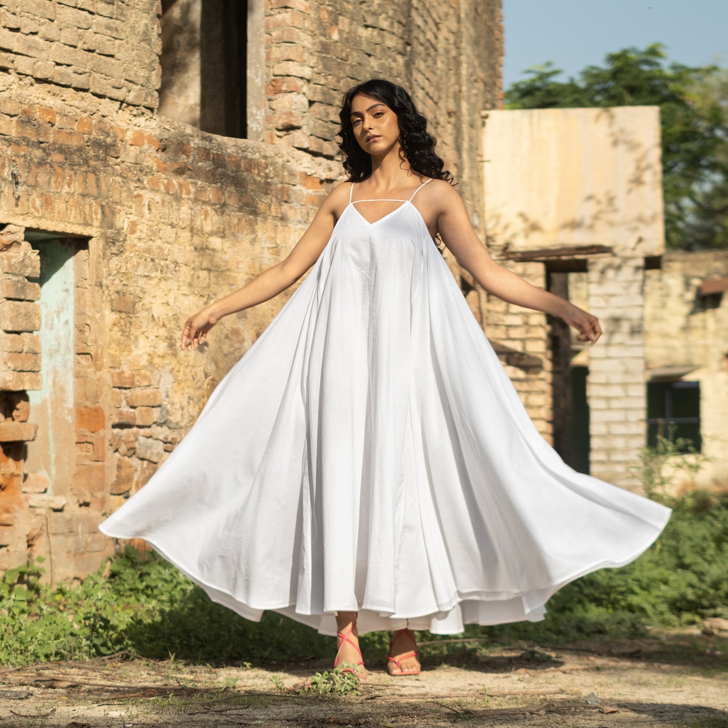 White Long flowy cotton dress with spaghetti straps