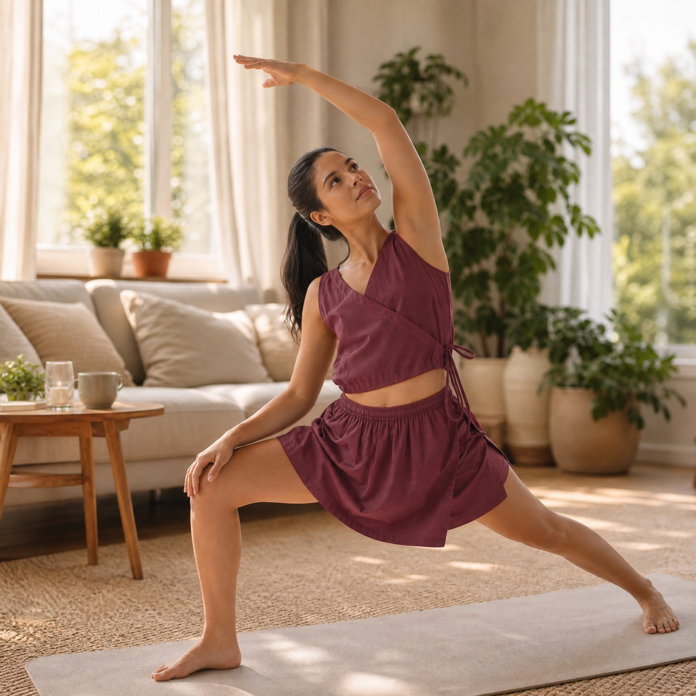 Isha Yoga Pants (Skort) and Top in Rose Pink 100% Cotton V-neck sleeveless vest and skort with half elasticed waistband — view 8