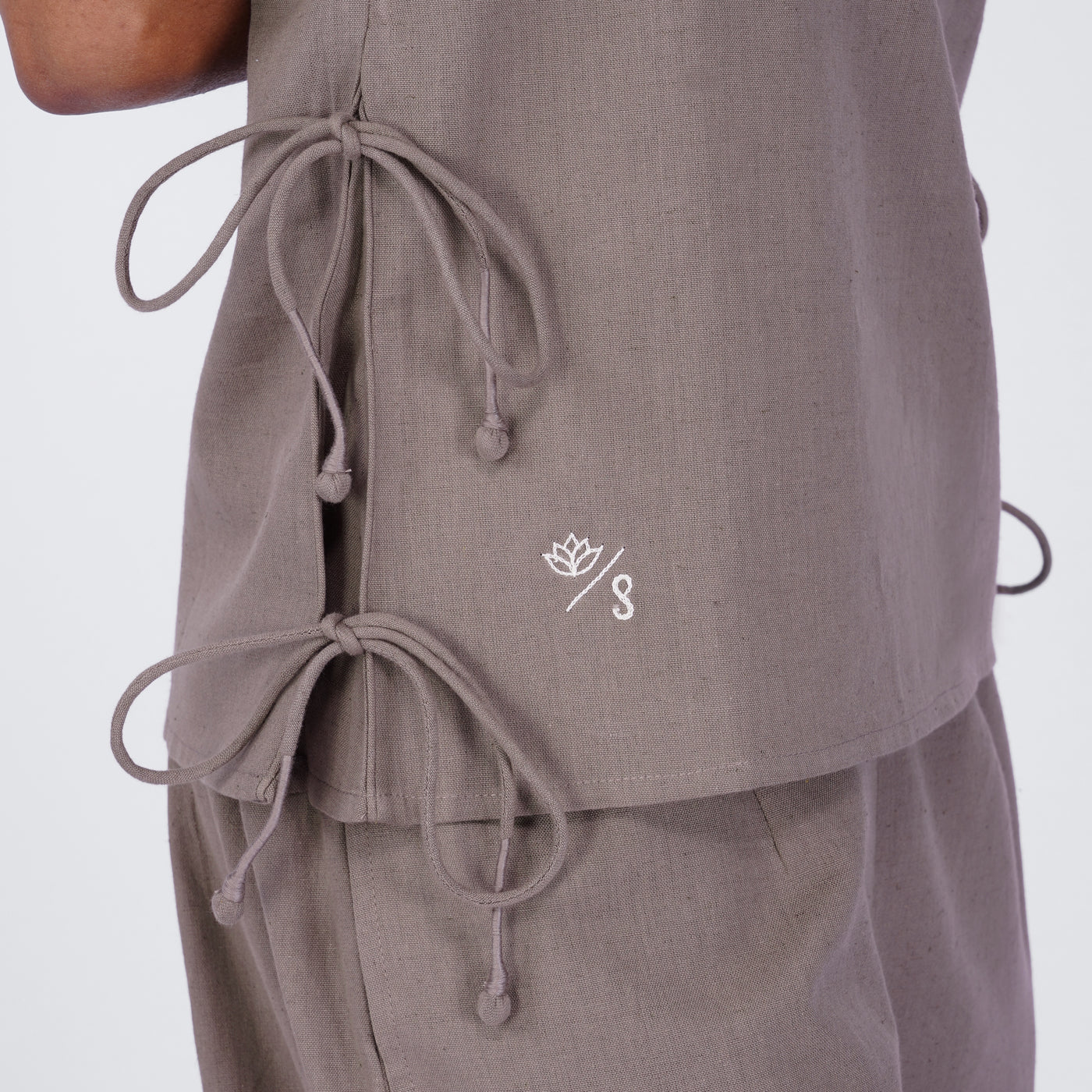 Sthira Yoga Set of 2 (Top & Pants) 100% Cotton Sleeveless Long Top with Side Ties Mid waist Straight Pants with button to cinch at ankle for Comfortable Fit in Muted Plum — view 3