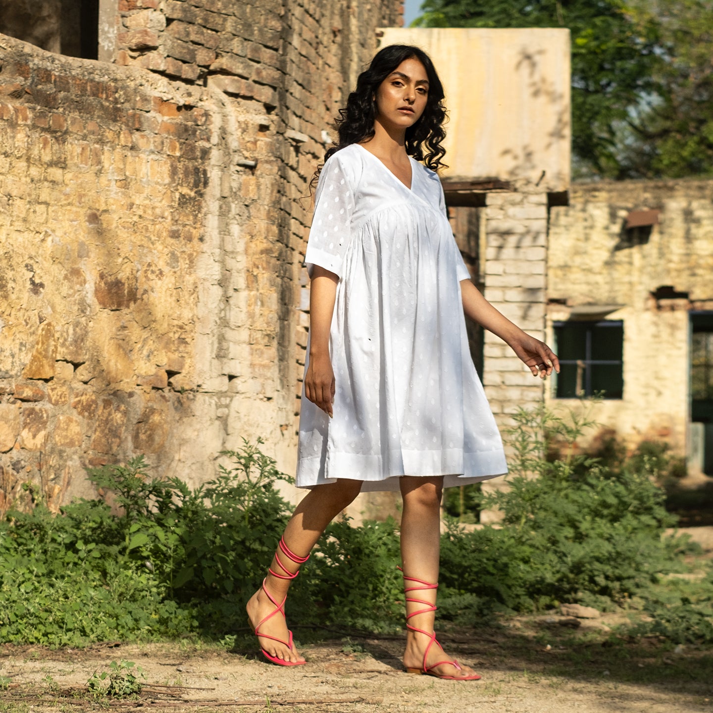 White short A-line dress with front gathers