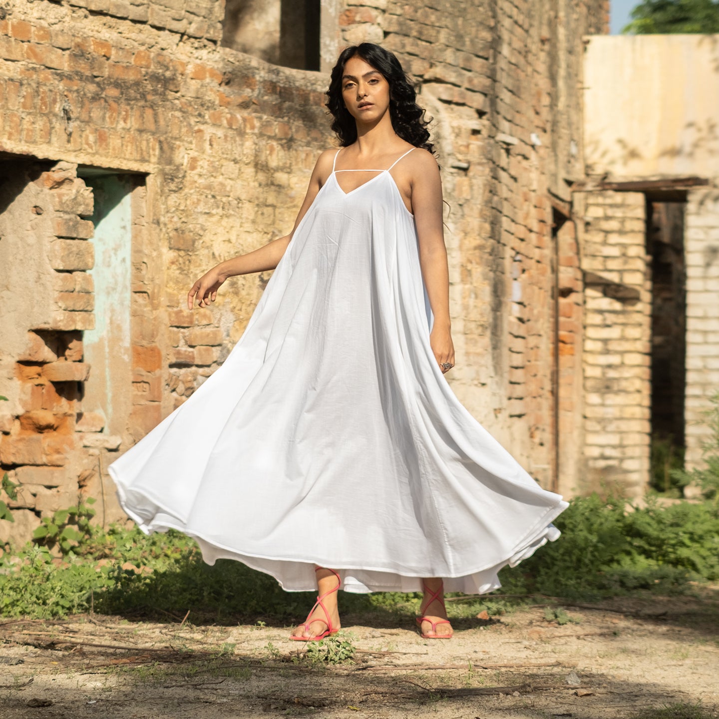 White Long flowy cotton dress with spaghetti straps
