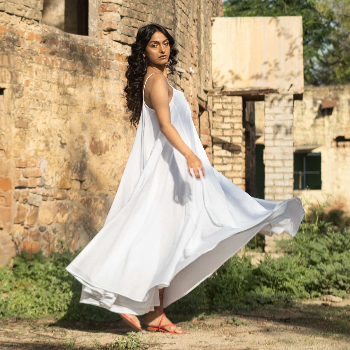 White Long flowy cotton dress with spaghetti straps