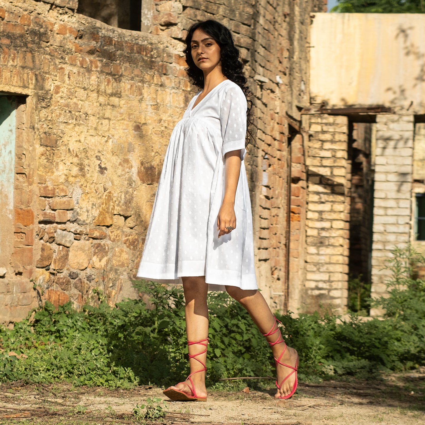 White short A-line dress with front gathers