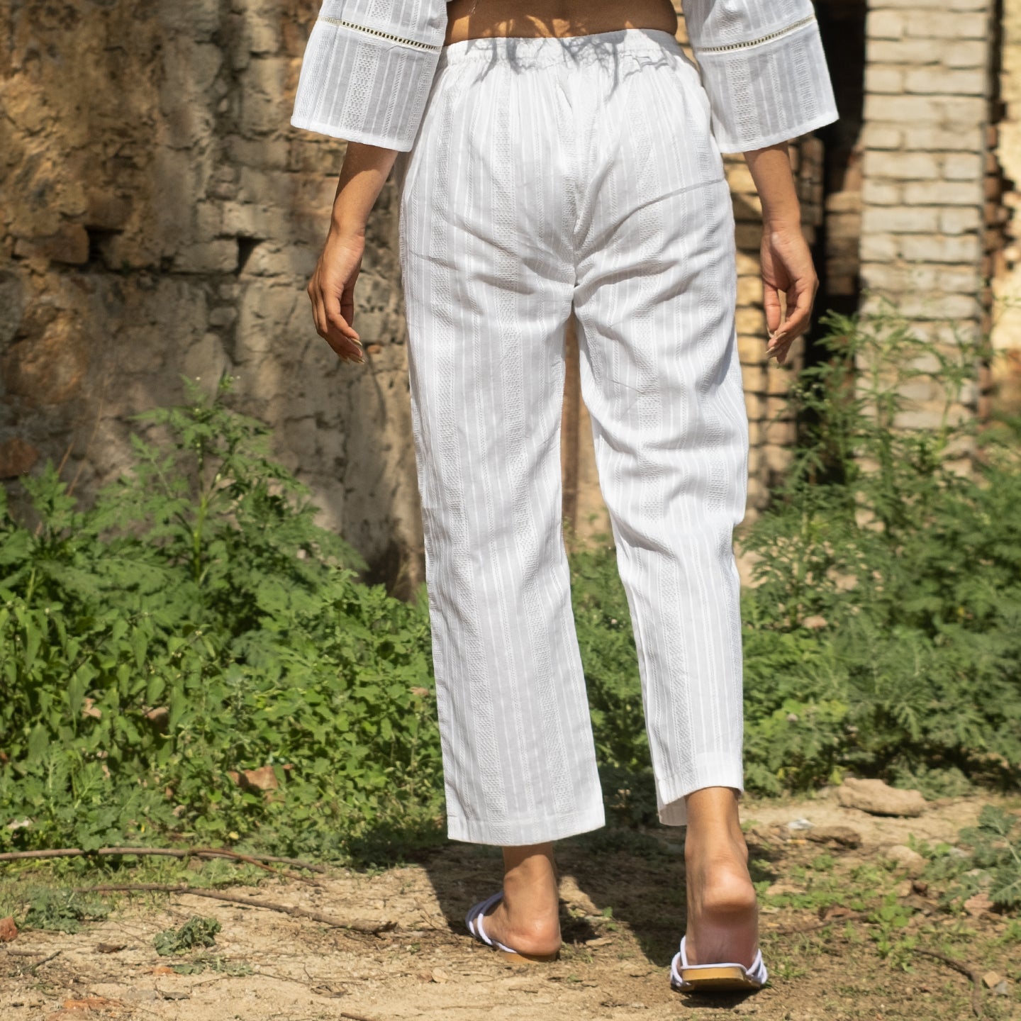 White striped white cotton straight pants