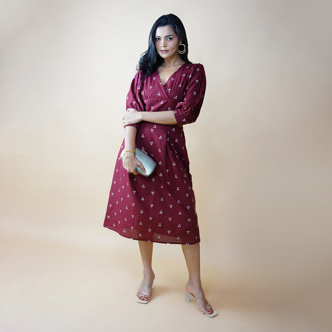 Plum Box Pleat Dress With Bishop Sleeves