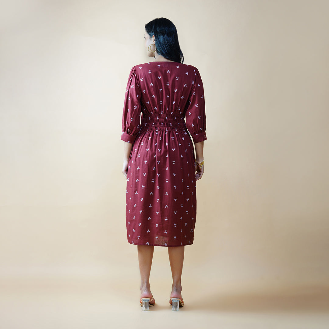 Plum Box Pleat Dress With Bishop Sleeves