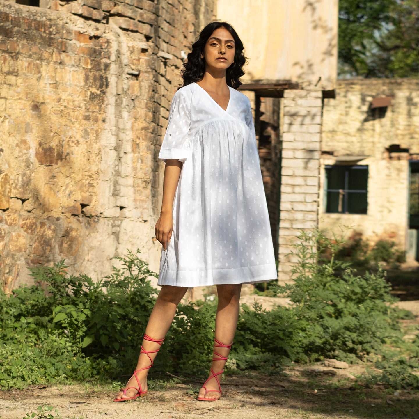 White short A-line dress with front gathers