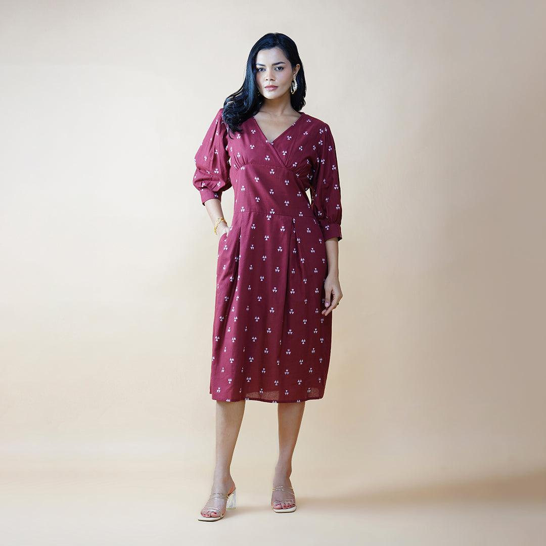 Plum Box Pleat Dress With Bishop Sleeves