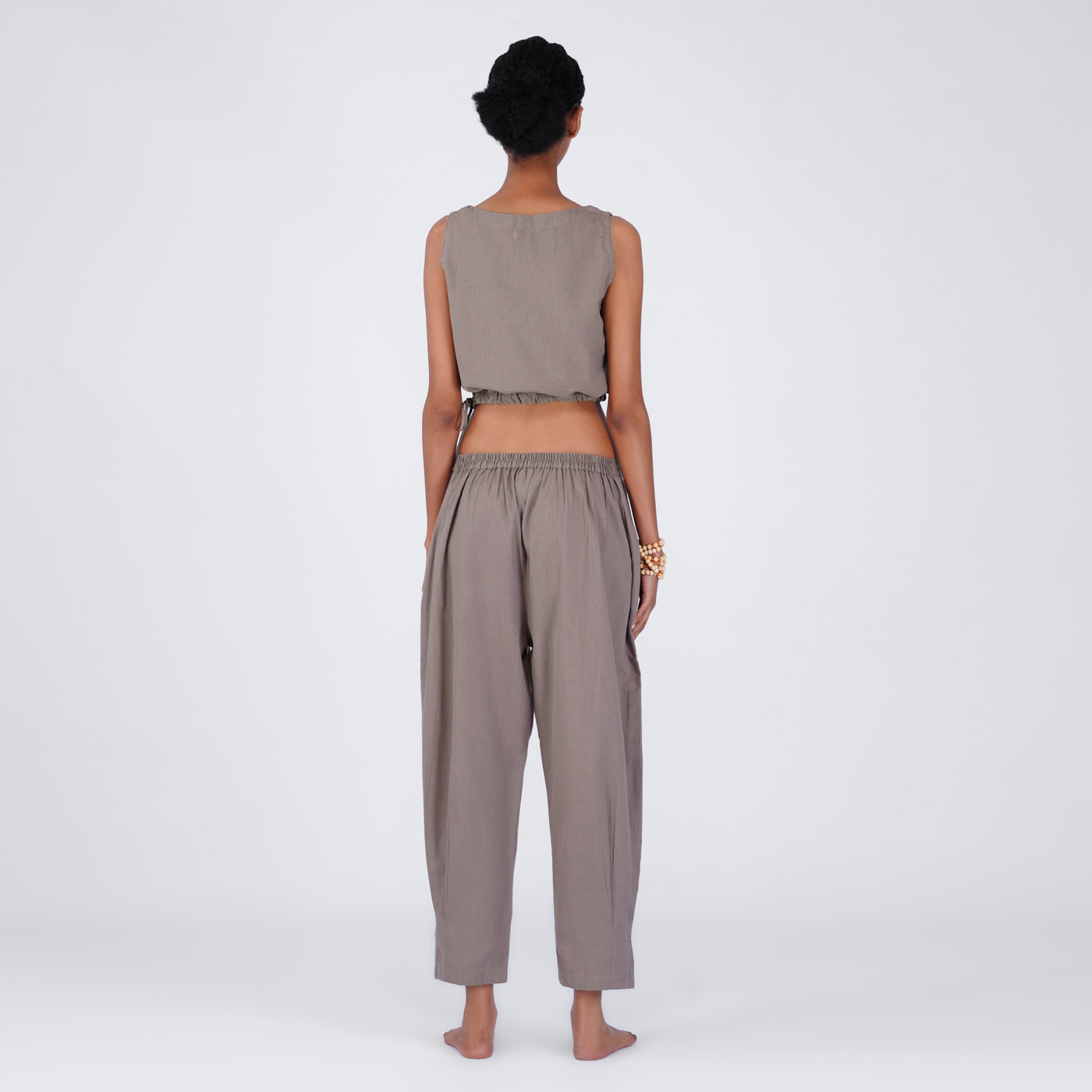Sama Yoga Set of 2 (Top & Pants) 100% Cotton Sleeveless V Neck Short Top with Side Tie and mid waist pants Elasticised back tapered fit with box pleats- In muted plum — view 2