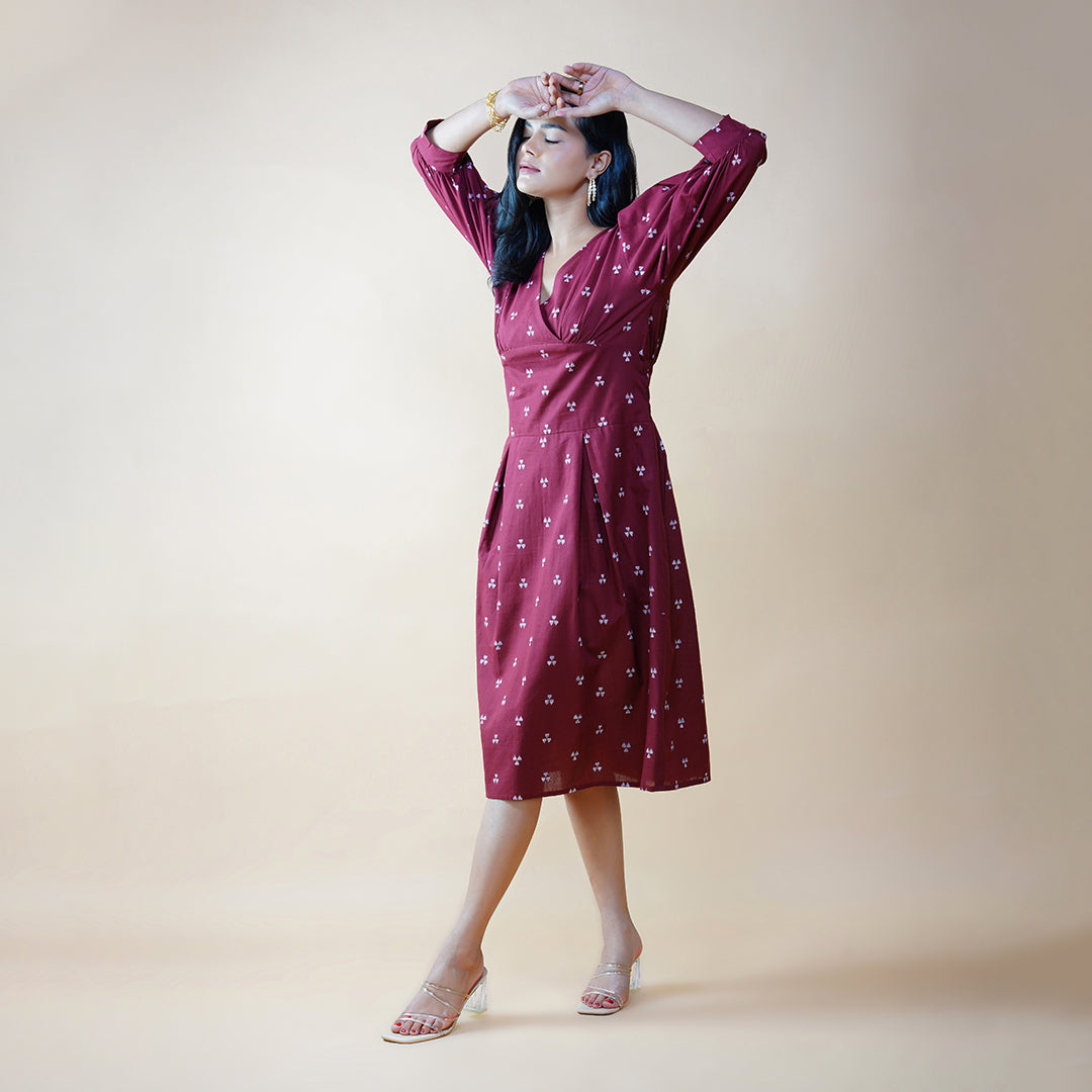 Plum Box Pleat Dress With Bishop Sleeves