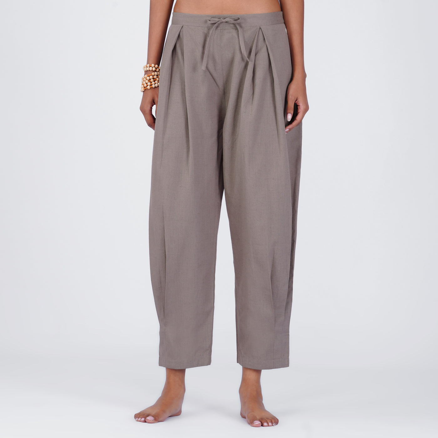 Sama Yoga Set of 2 (Top & Pants) 100% Cotton Sleeveless V Neck Short Top with Side Tie and mid waist pants Elasticised back tapered fit with box pleats- In muted plum — view 4