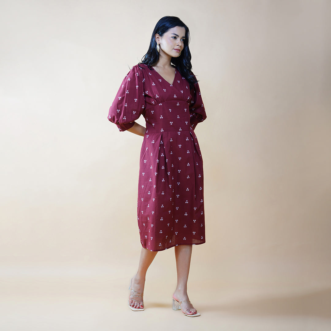 Plum Box Pleat Dress With Bishop Sleeves
