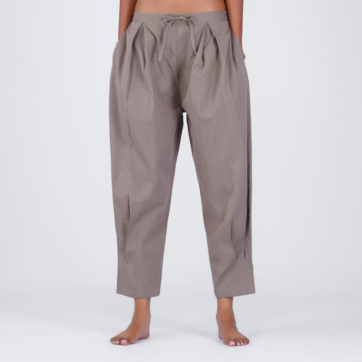 Tara Yoga Pants 100% Cotton Mid Waist Pants Elasticised Back Tapered Fit with box pleats - Muted Plum — view 4