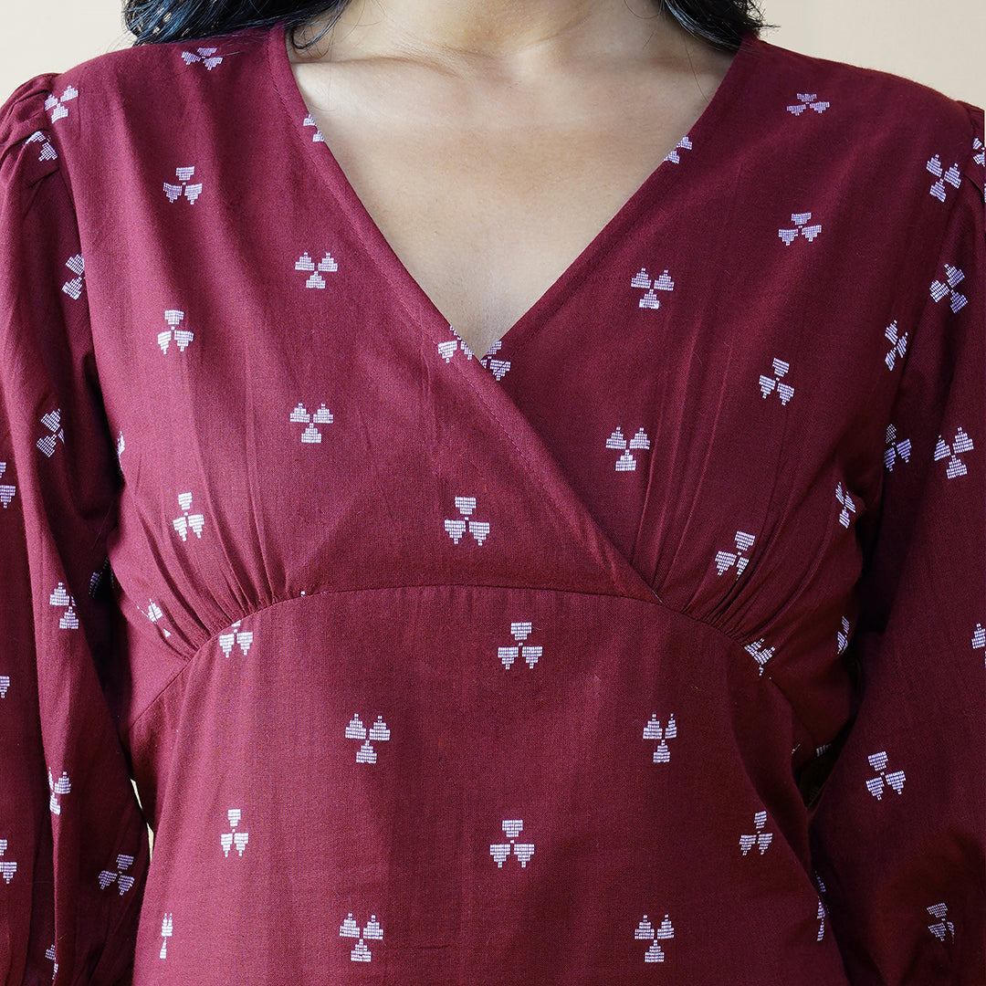 Plum Box Pleat Dress With Bishop Sleeves