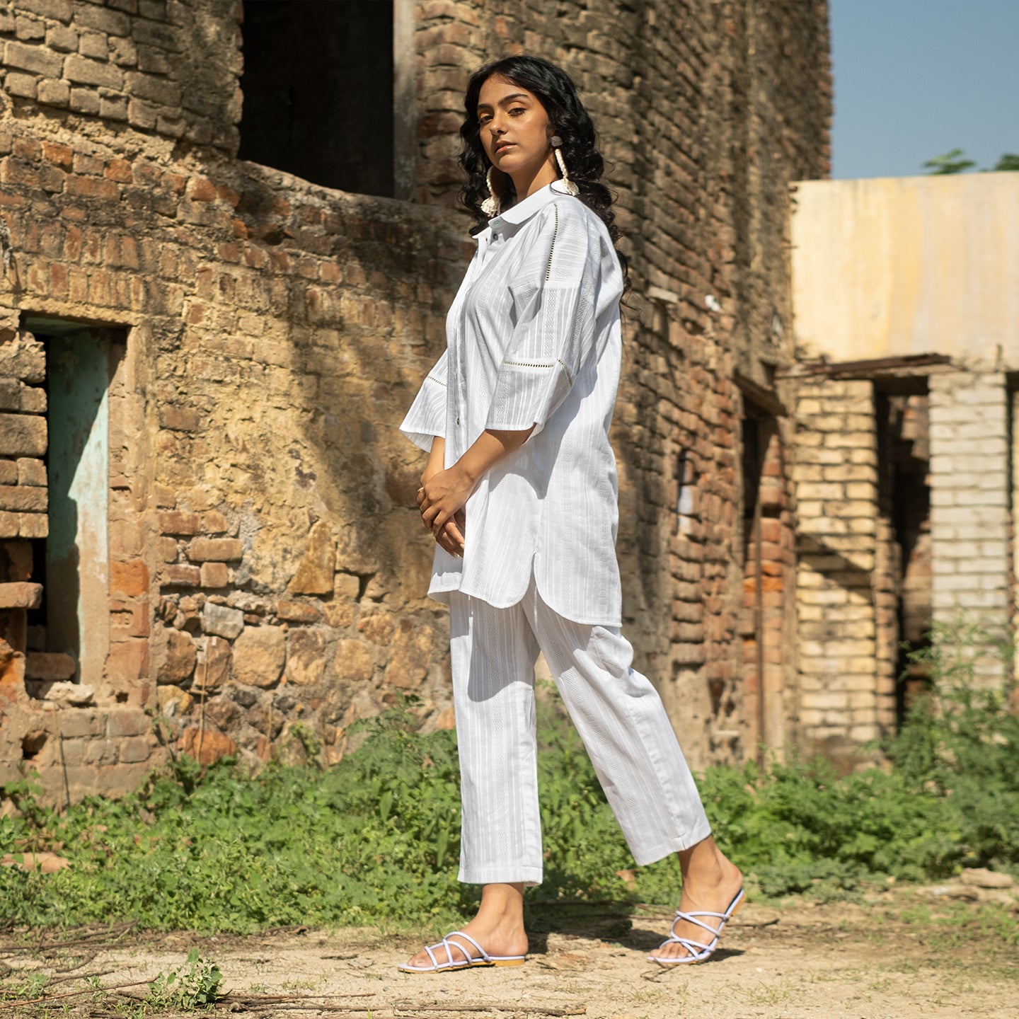White oversized button down shirt style kurta
