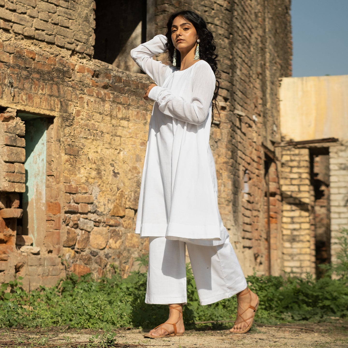 White Cotton round neck knee length Anarkali style Kurta