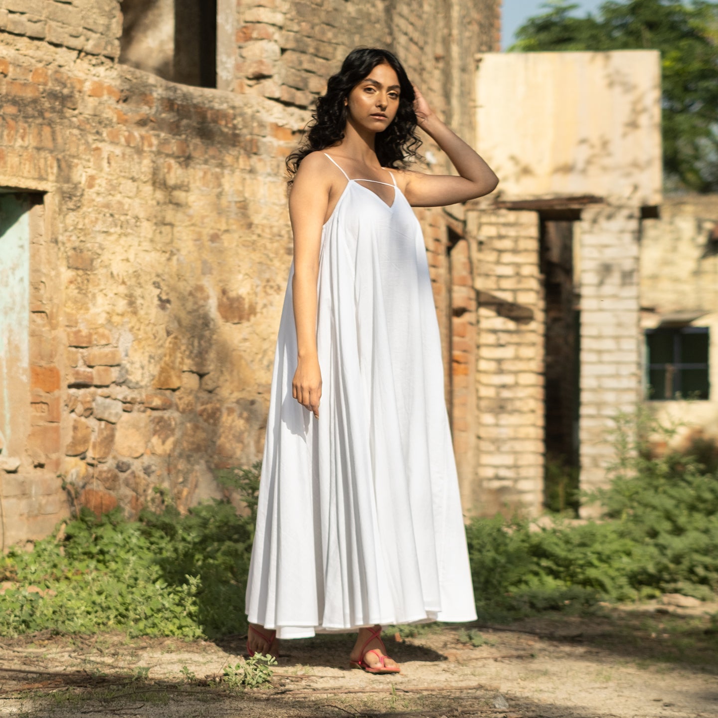 White Long flowy cotton dress with spaghetti straps