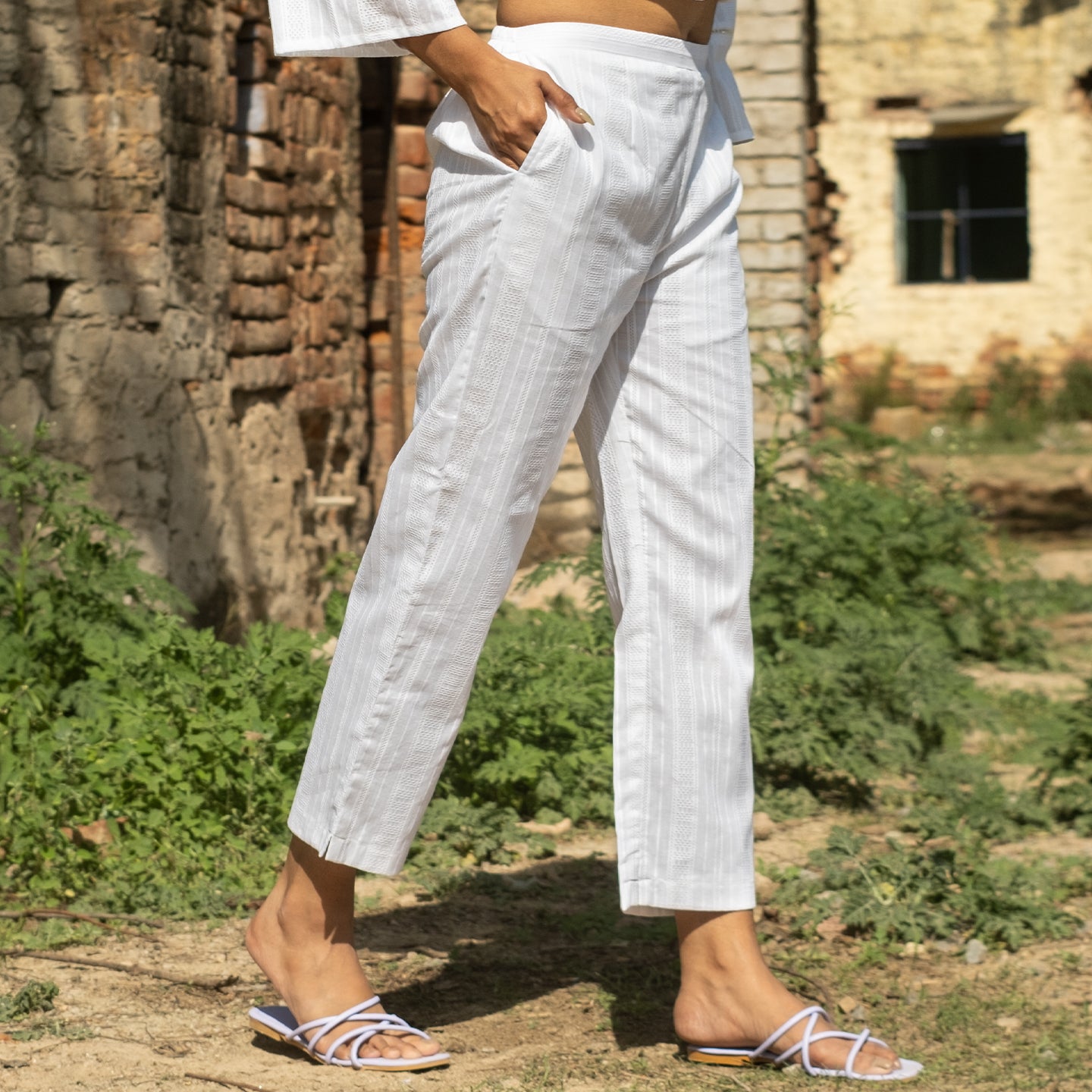 White striped white cotton straight pants