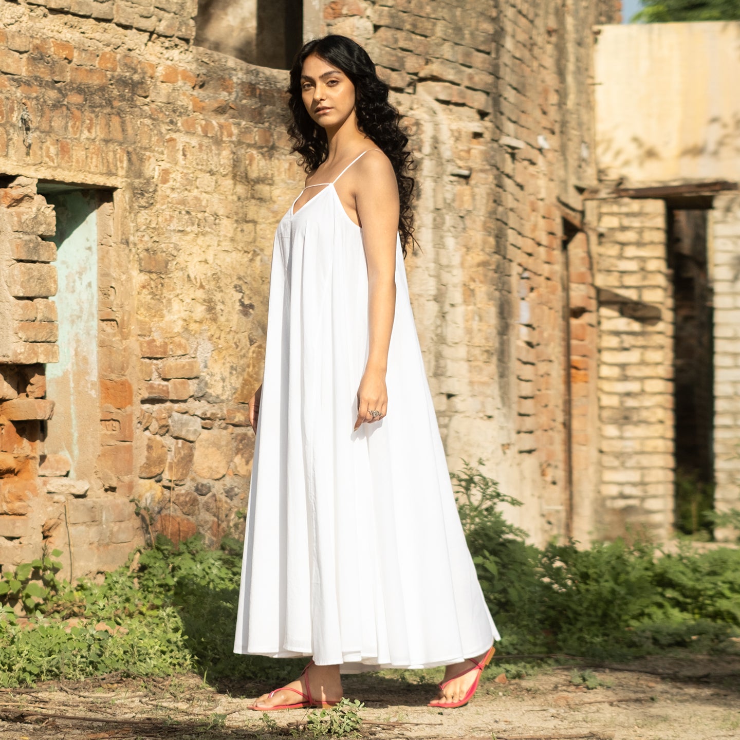 White Long flowy cotton dress with spaghetti straps