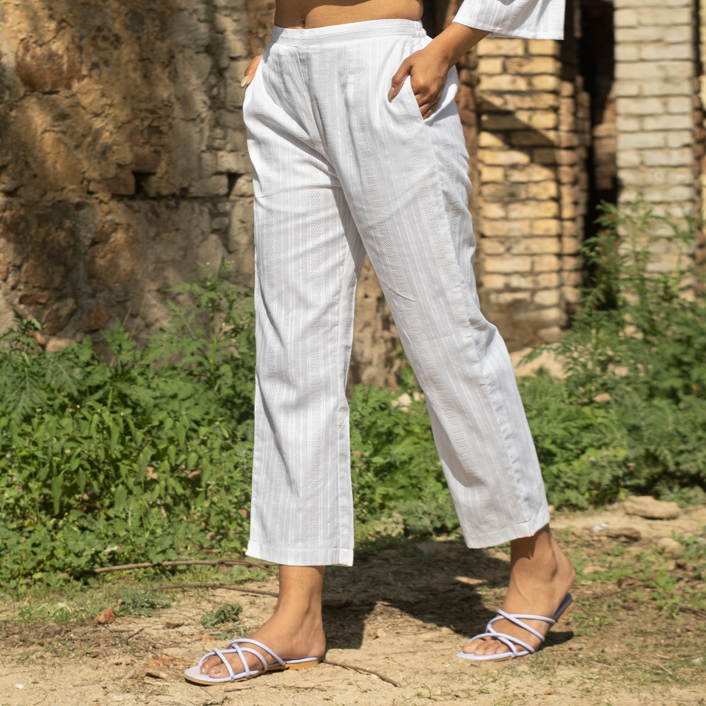 White striped white cotton straight pants
