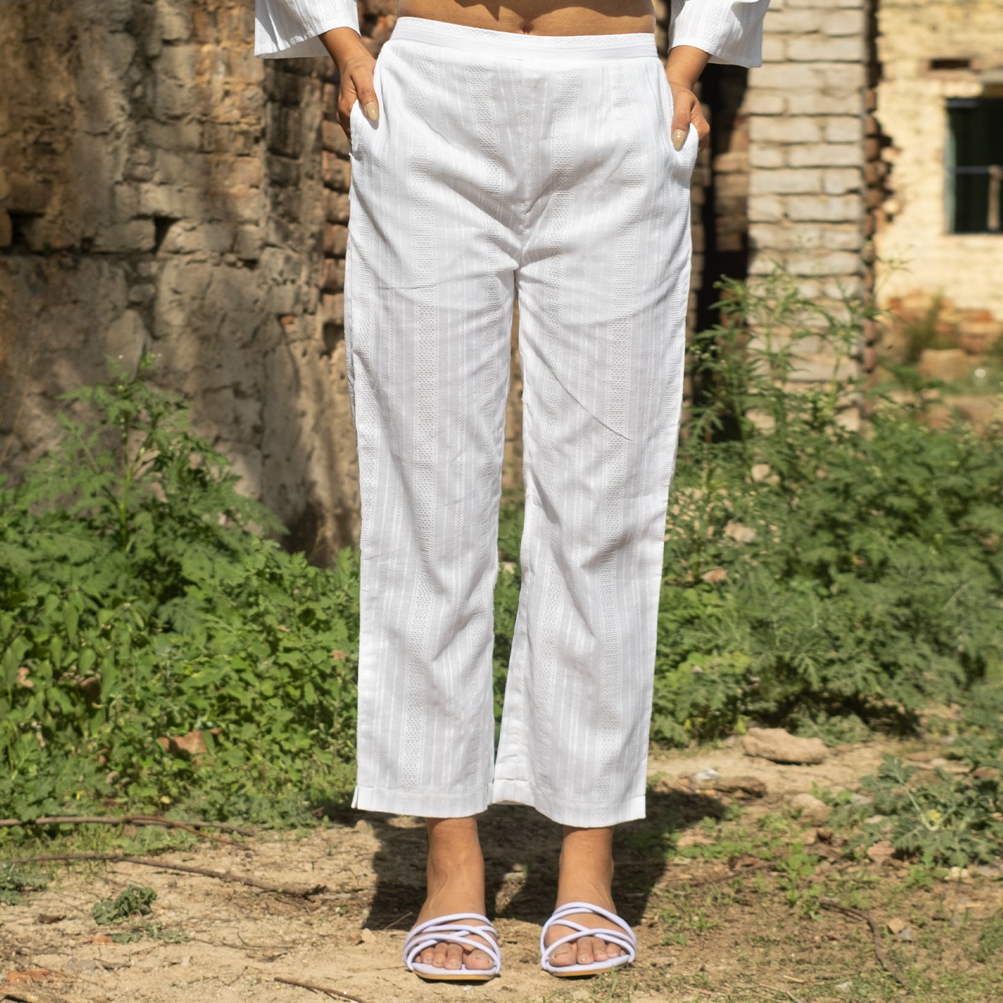 White striped white cotton straight pants