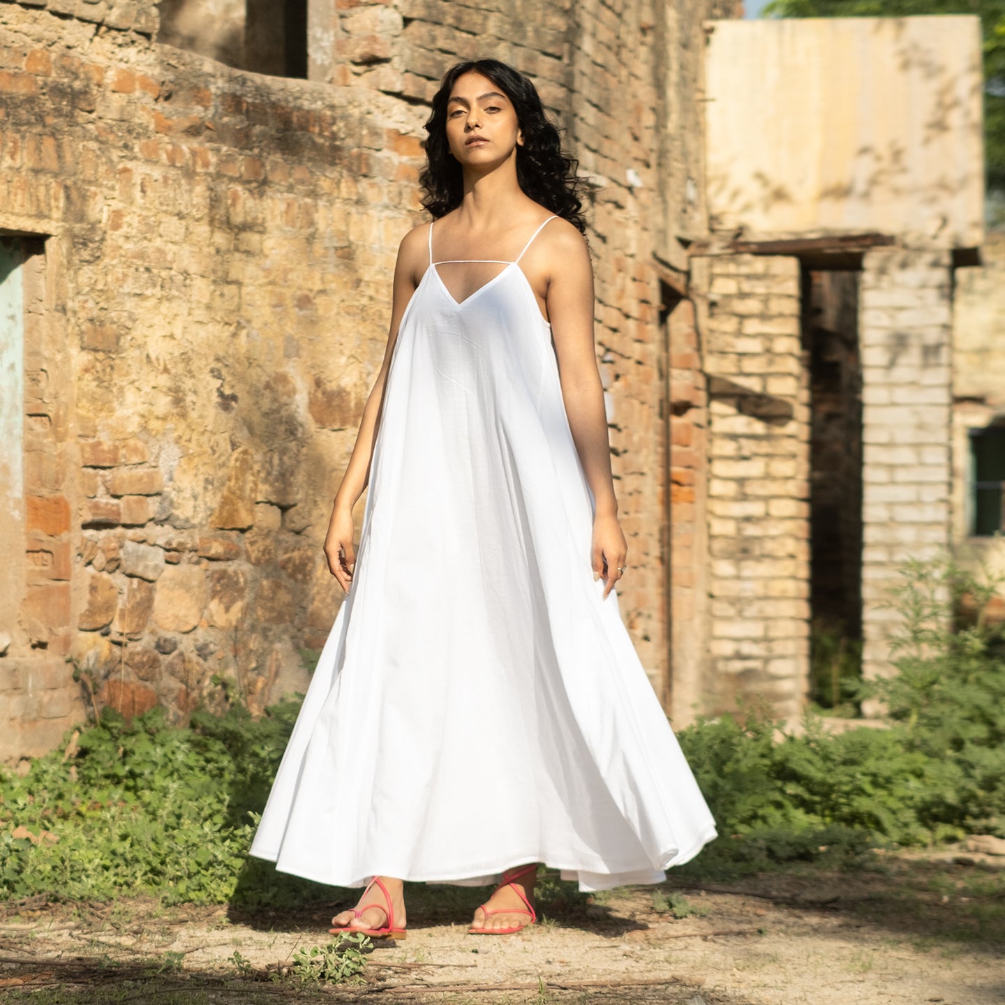 White Long flowy cotton dress with spaghetti straps