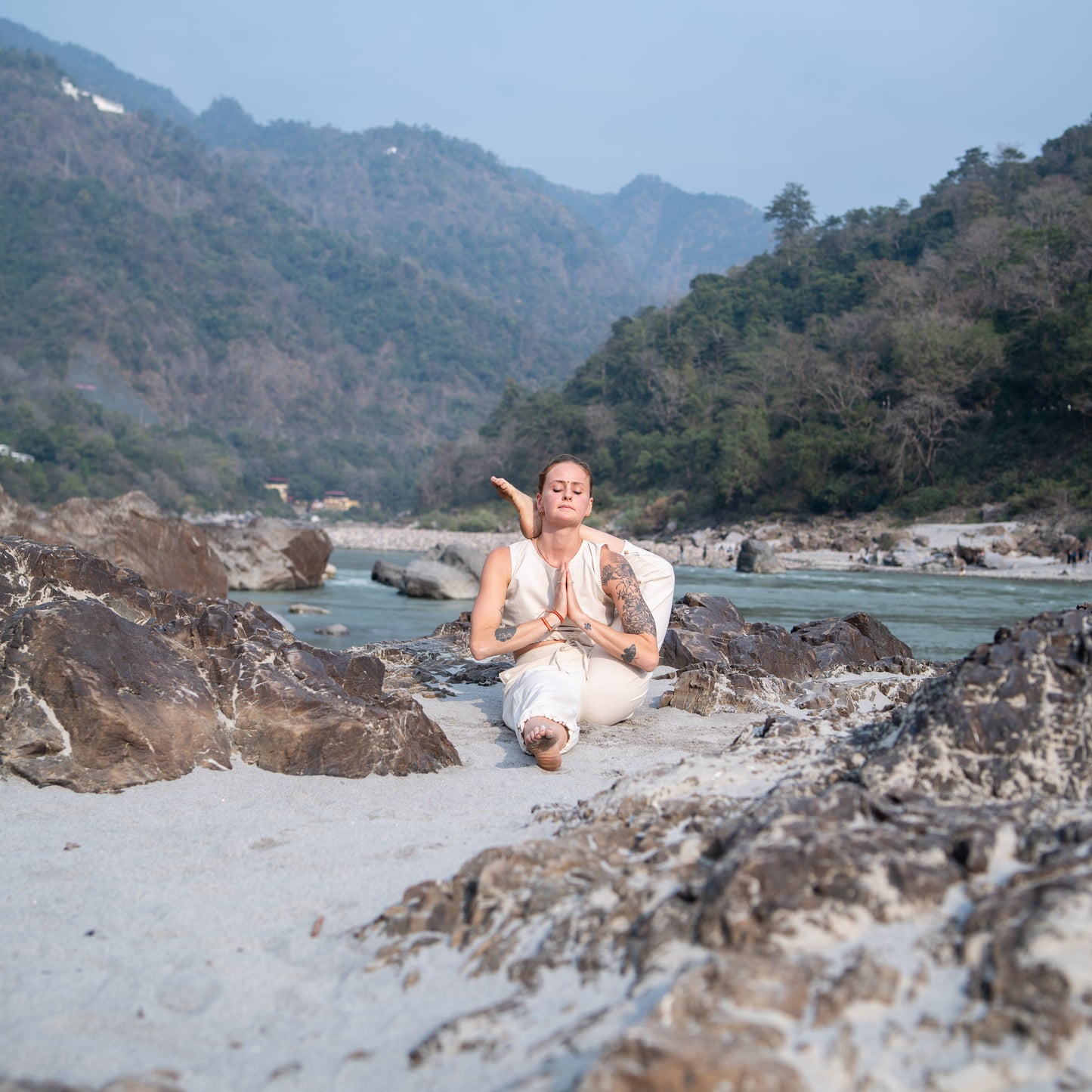 Women Cotton Yoga Pants with string pull -White -Ananda