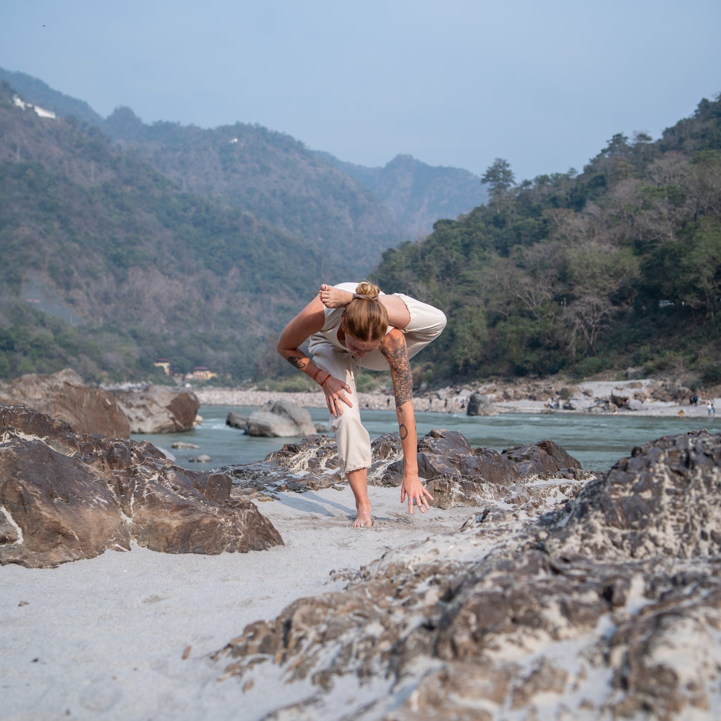 Women Cotton Yoga Pants with string pull -White -Ananda