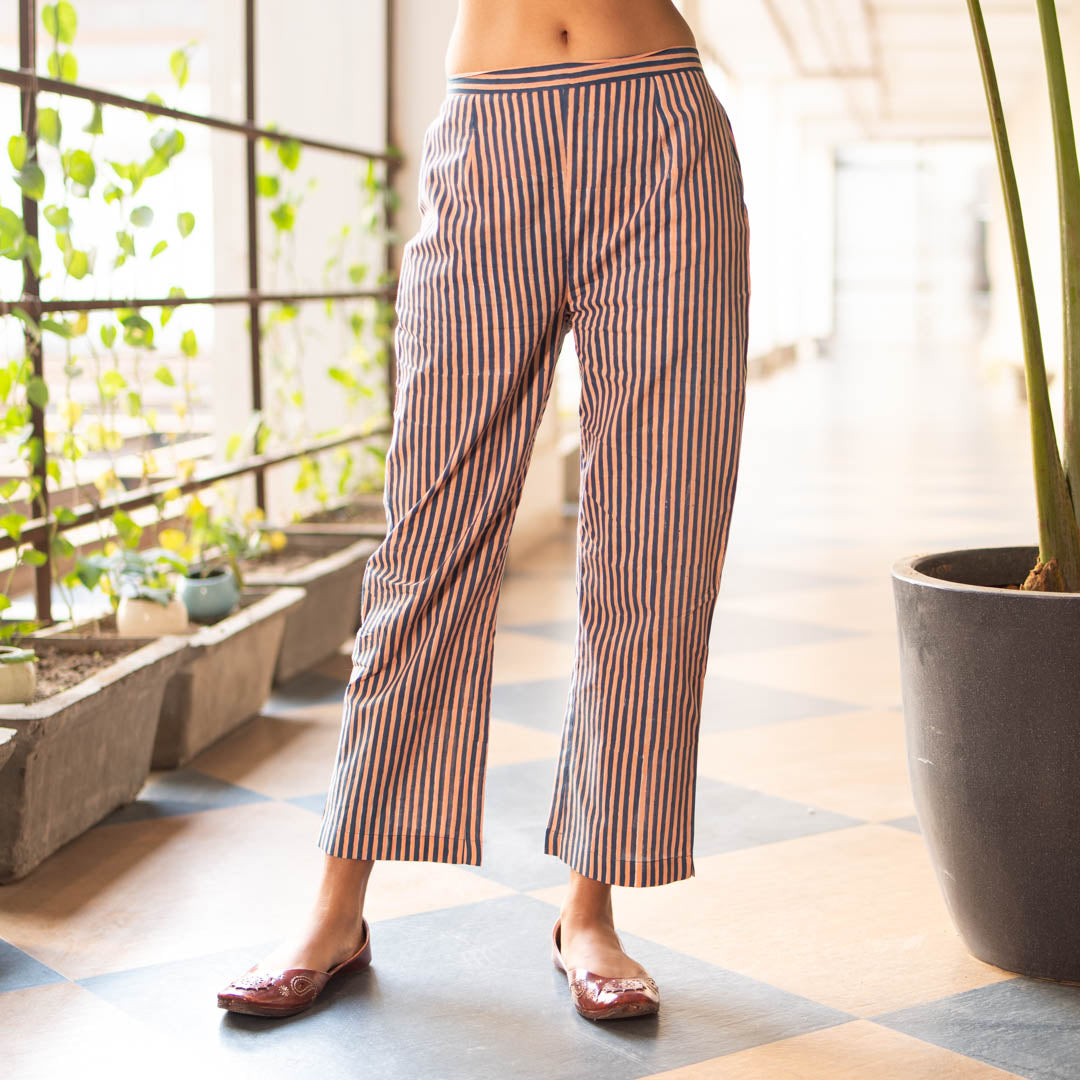 Blue Striped Straight Fit Trousers