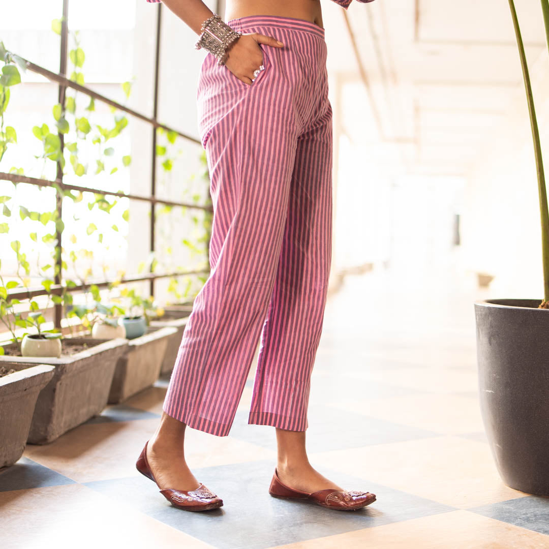Purple Striped Straight Fit Trousers