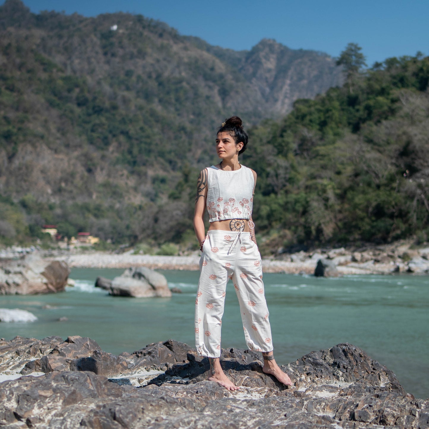 Women Cotton Hand Block Printed Yoga Pants with String pull -Ananda