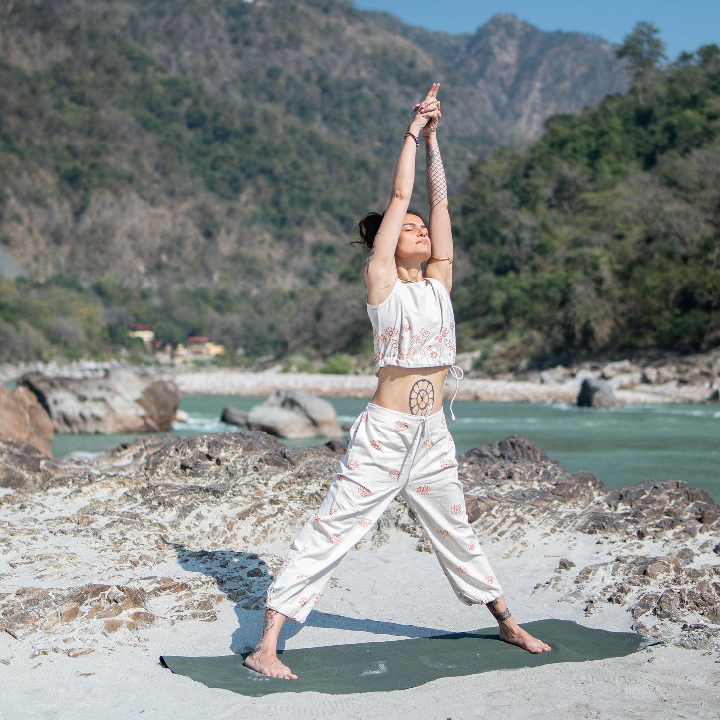 Women Cotton Hand Block Printed Yoga Pants and Yoga Top Set -Ananda