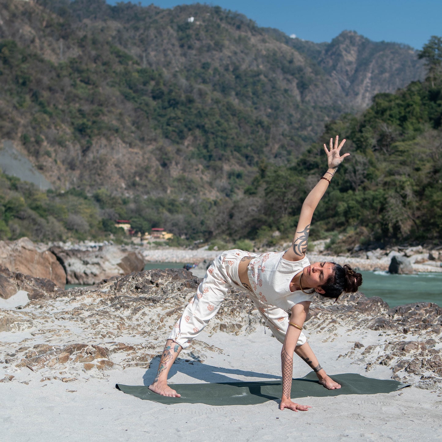 Women Cotton Hand Block Printed Yoga Pants and Yoga Top Set -Ananda