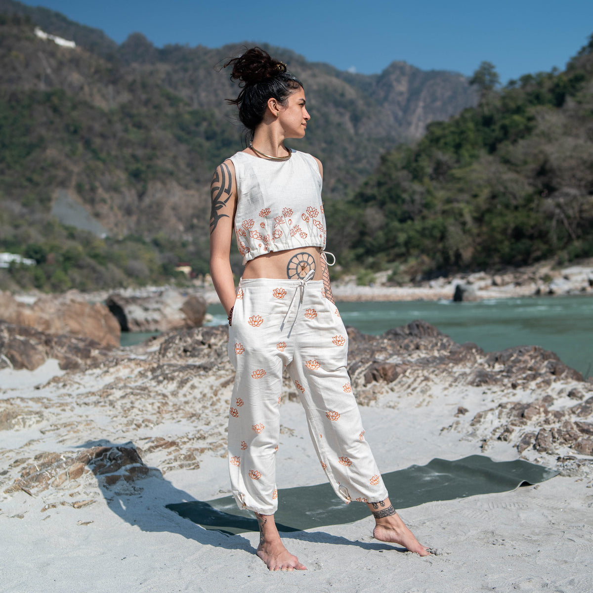 Women Cotton Hand Block Printed Yoga Pants with String pull -Ananda — view 5