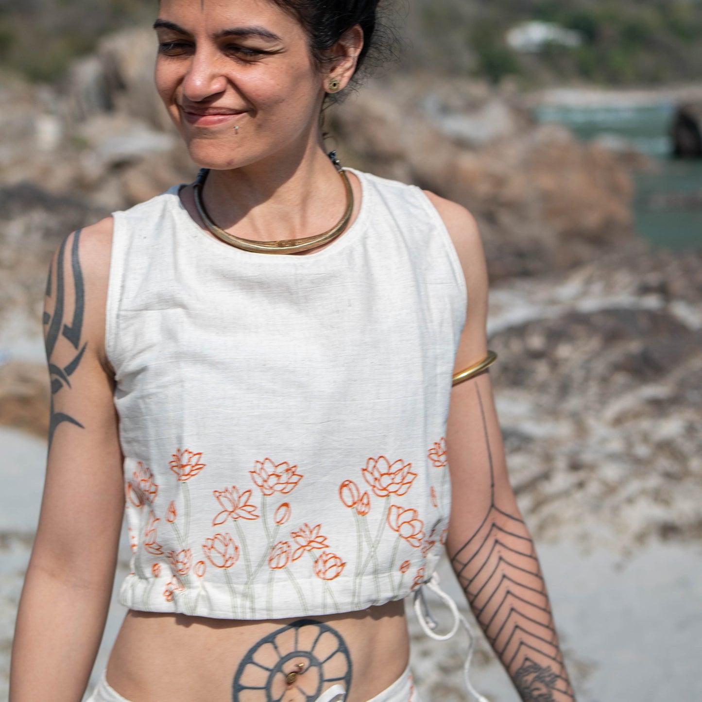 Women Cotton Hand Block Printed Yoga Crop Top -Ananda