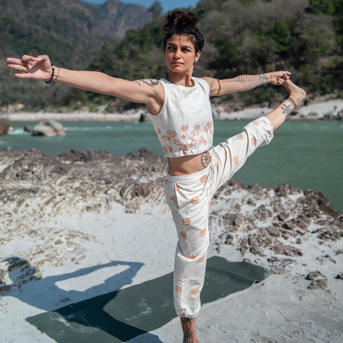 Women Cotton Hand Block Printed Yoga Pants and Yoga Top Set -Ananda
