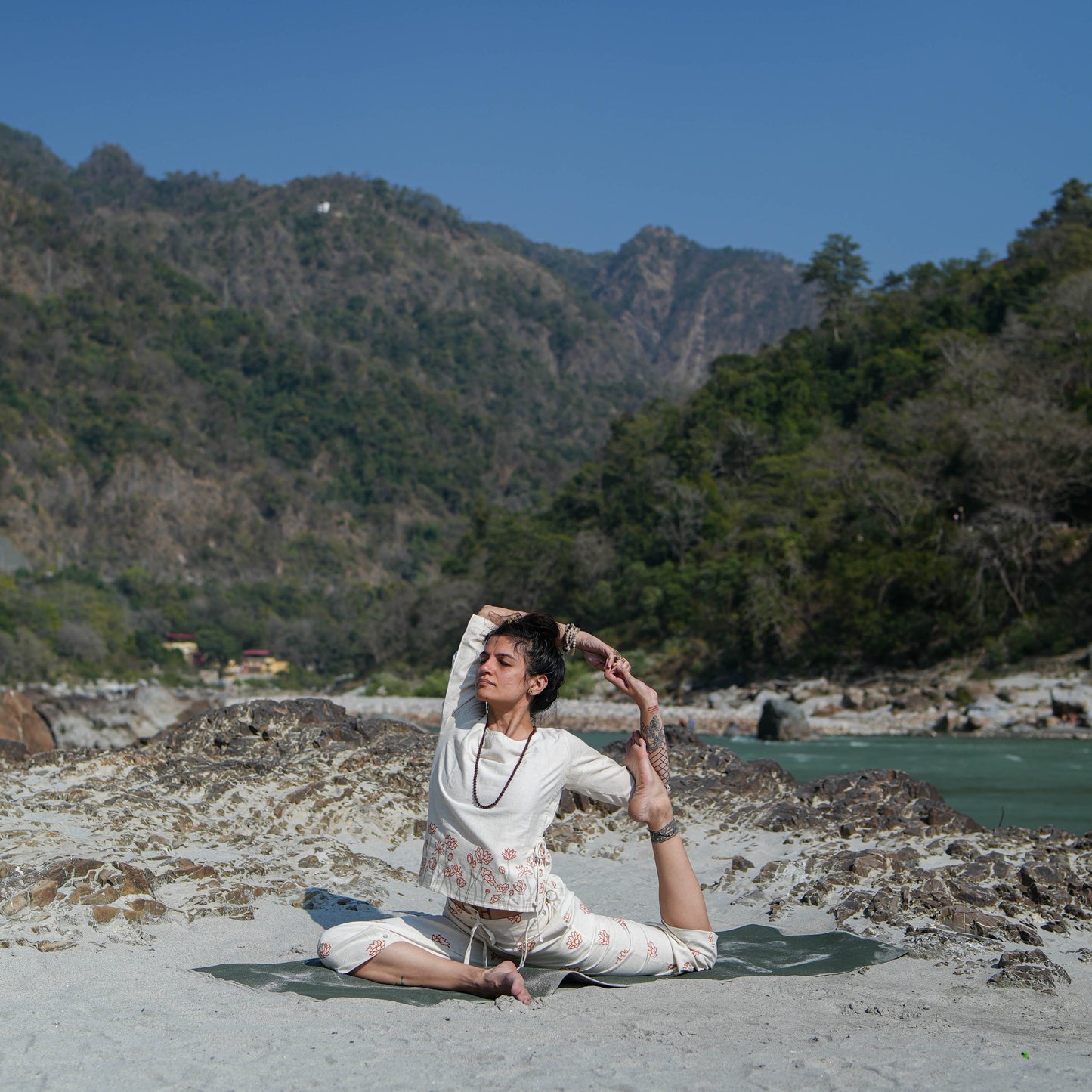Women Cotton Hand Block Printed Yoga Top and Yoga Pants Set -Chandra