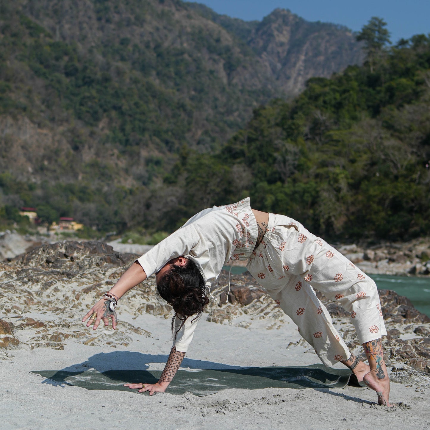 Women Cotton Hand Block Printed Yoga Top and Yoga Pants Set -Chandra