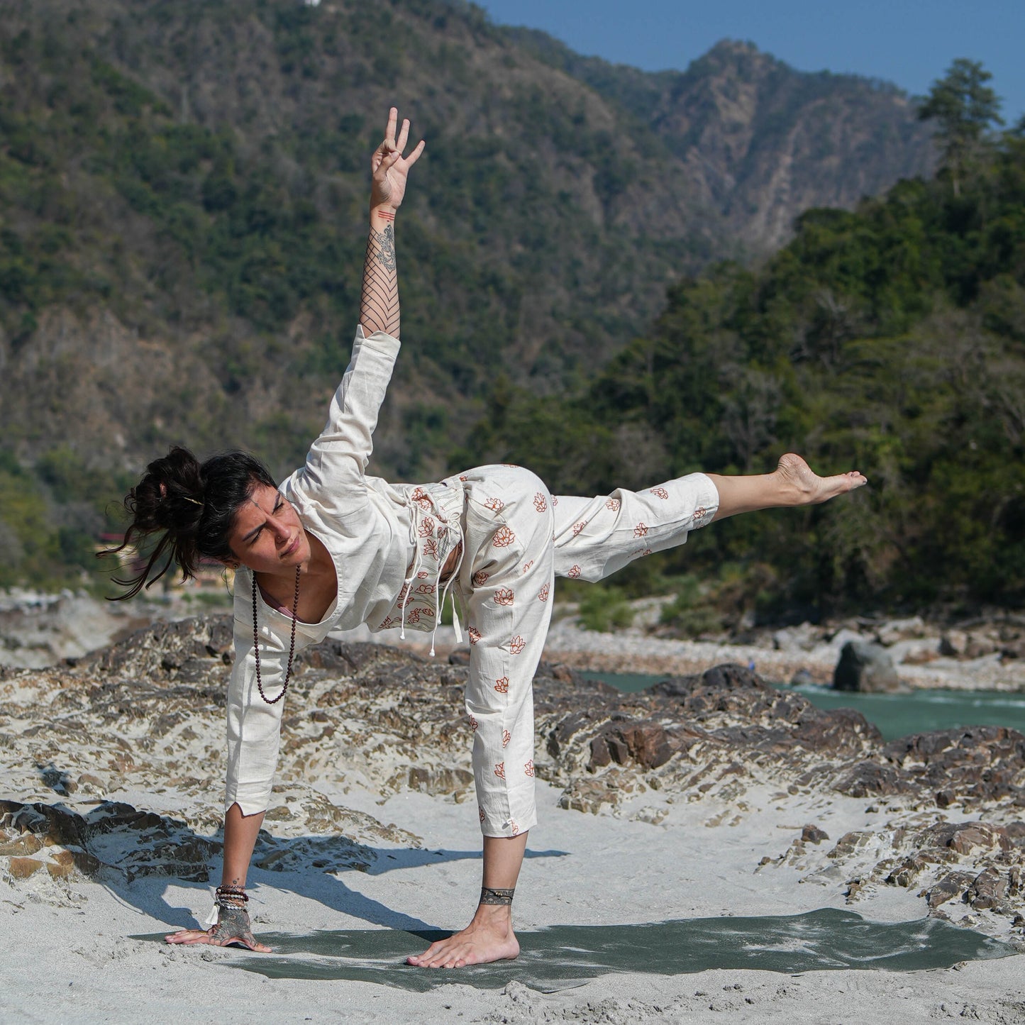 Women Cotton Hand Block Printed Yoga Top and Yoga Pants Set -Chandra